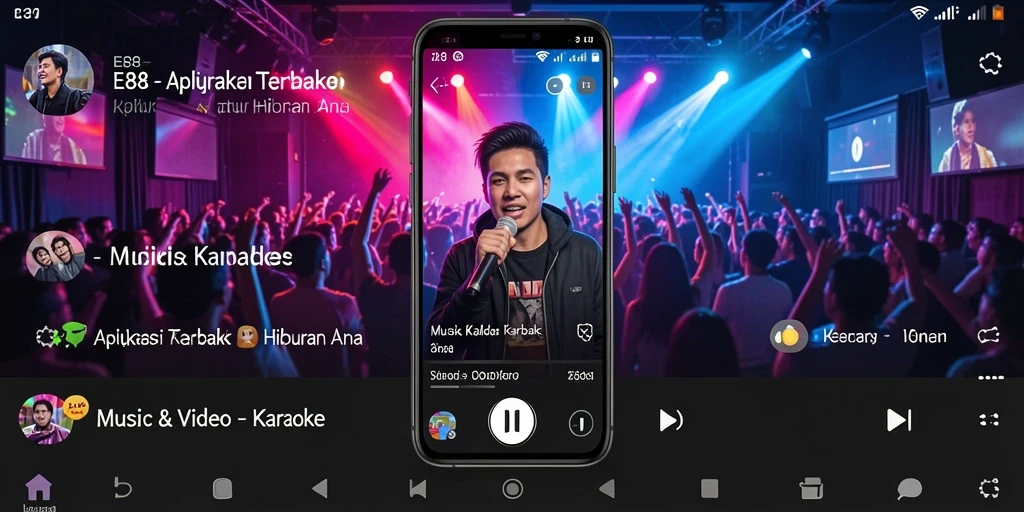 Screenshot aplikasi E88 menampilkan layar karaoke dengan lirik jelas dan kontrol sederhana.